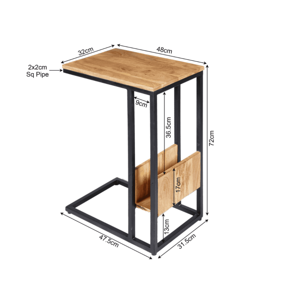 Robuust bijzettafeltje met houten blad en metalen frame, perfect voor industriële en moderne interieurstijlen. Compact formaat met praktische opbergruimte en afmetingen voor een stijlvolle aanvulling op uw woonkamer of kantoor.