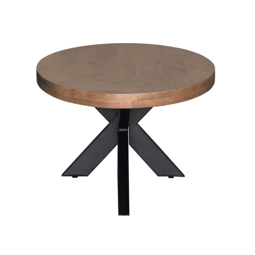 Minimalistische houten eettafel met zwart metalen onderstel, perfecte combinatie van natuur en industrieel design, geschikt voor moderne interieurs, gemaakt door Mokana Meubelen.