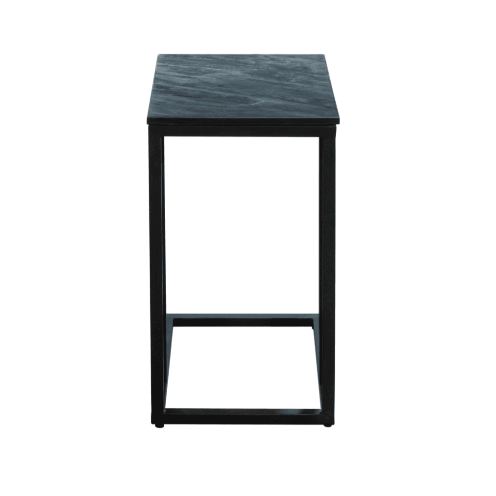 Modern zwart metalen nachtkastje met marmeren blad, strak en elegant design voor een stijlvolle slaapkamer.