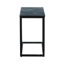 Modern zwart metalen nachtkastje met marmeren blad, strak en elegant design voor een stijlvolle slaapkamer.