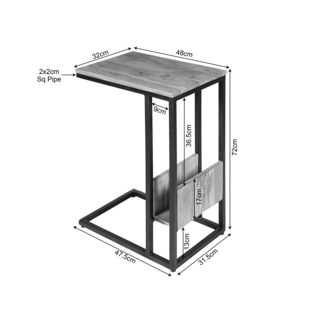 Robuuste moderne salontafel met zwart metalen frame en natuurlijke houten blad, stijlvolle bijzettafel voor woonkamer, maat 48x32cm, hoogte 72cm, geschikt voor elegant interieur en praktische gebruik.
