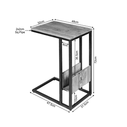 Rustieke bijzettafel met houten blad en industrieel zwart metalen frame, veelzijdig meubel voor woonkamer of hal. Afmetingen: 48x32x72 cm, met zijwaartse plank voor extra opbergruimte.
