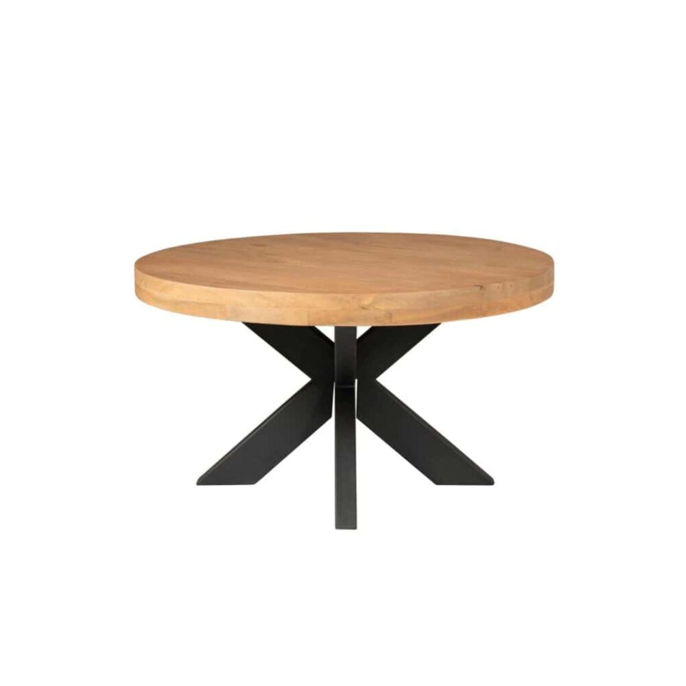 Minimalistische eettafel met ronde houten top en zwart metalen onderstel, perfect voor moderne interieurdesigns en duurzame meubelkeuzes.