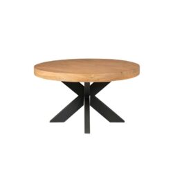 Minimalistische eettafel met ronde houten top en zwart metalen onderstel, perfect voor moderne interieurdesigns en duurzame meubelkeuzes.