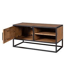 Stoer houten dressoir met zwart metalen frame en open opbergruimte, perfect voor een moderne woonkamer of eetkamer. Gemaakt van hoogwaardig hout en duurzaam staal voor jarenlang gebruik.
