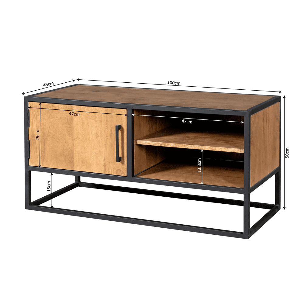 Robuuste houten tv-meubel met zwart metalen frame, opbergkast en open vakken, perfect voor moderne woonkamers, made by Mokana Meubelen.