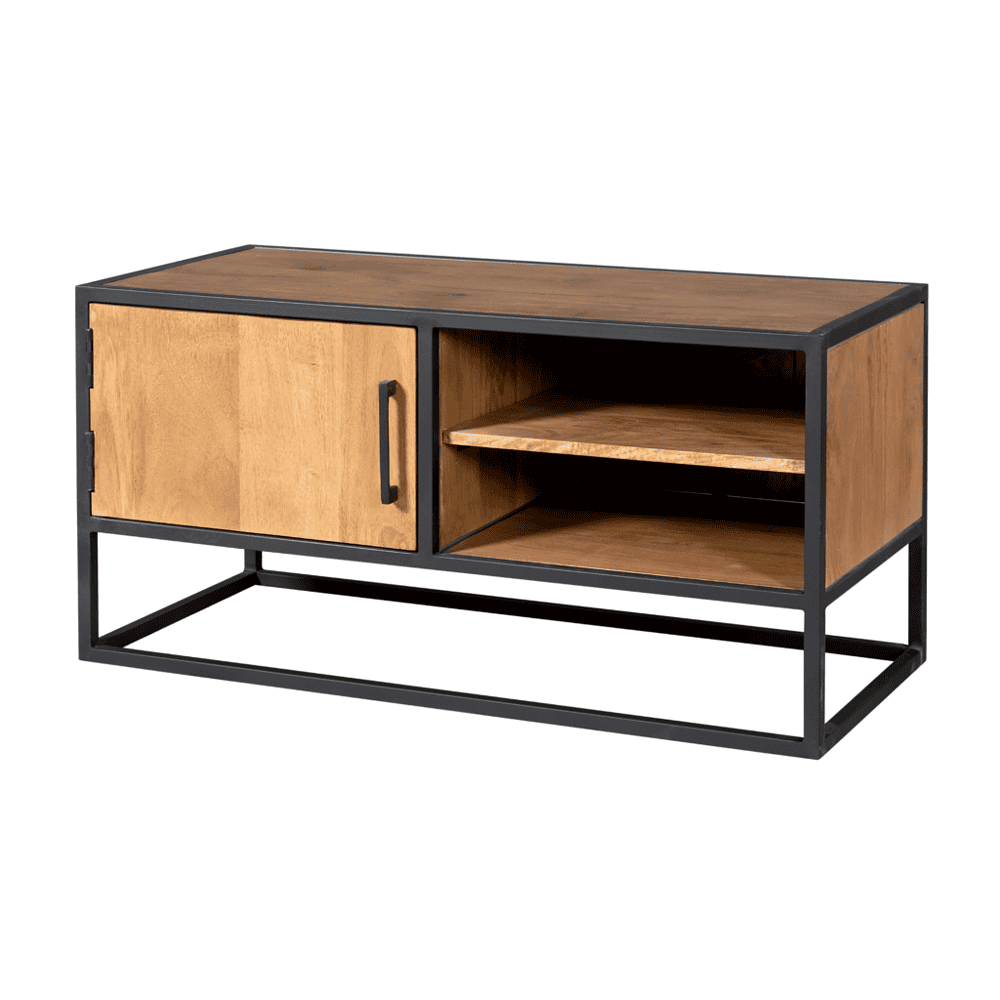Moderne houten tv-meubel met zwart metalen frame, opbergruimte met schuifdeuren en open vakken, perfect voor een industriële of landelijke woonkamer.