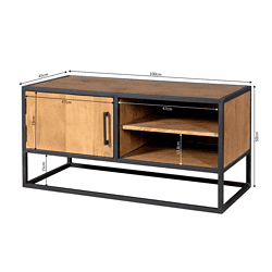 Robuuste houten tv-meubel met zwart metalen frame, opbergkast en open vakken, perfect voor moderne woonkamers, made by Mokana Meubelen.