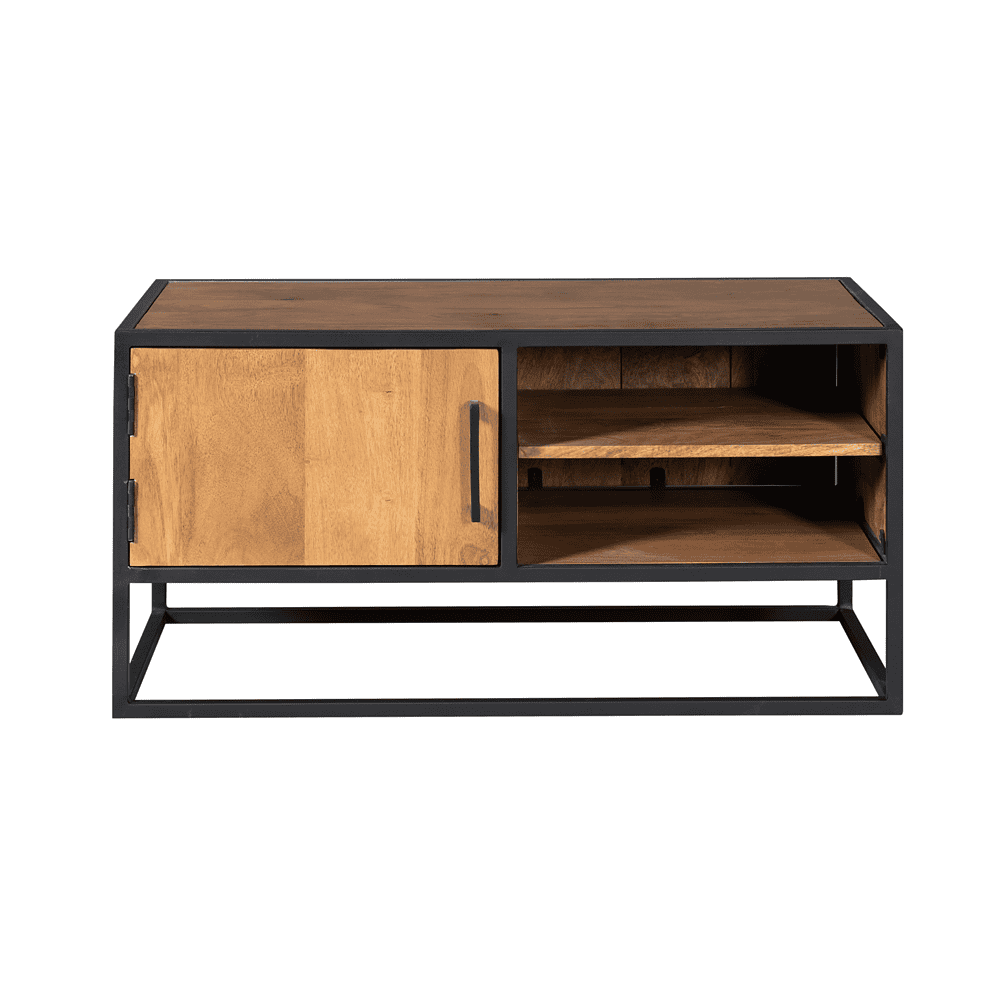 Modern houten tv-meubel met zwart metalen frame, duurzame afwerking, ruime opbergruimte en design voor een eigentijdse woonkamer.