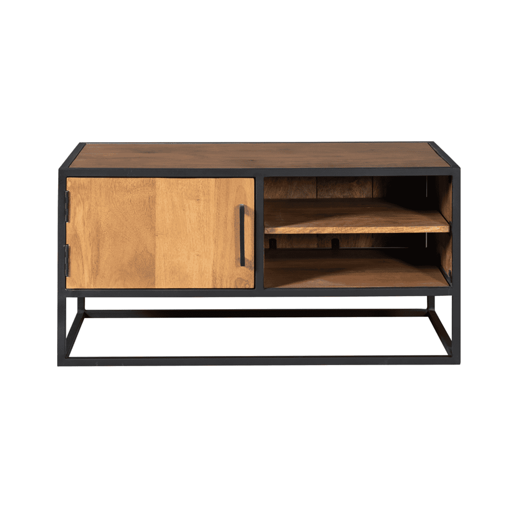 Houten en metalen salontafel met opbergruimte en draaideur, industrieel ontwerp, Mokana Meubelen, zwart metalen frame en warm houten affe, modern en functioneel, perfect voor woonkamer.