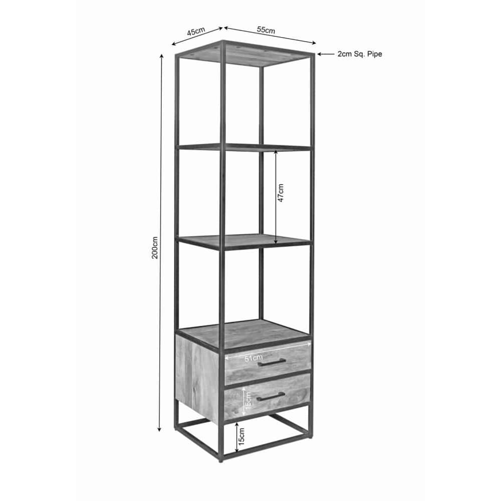 Stoer metalen boekenkast met houten elementen voor woon- en slaapkamer.