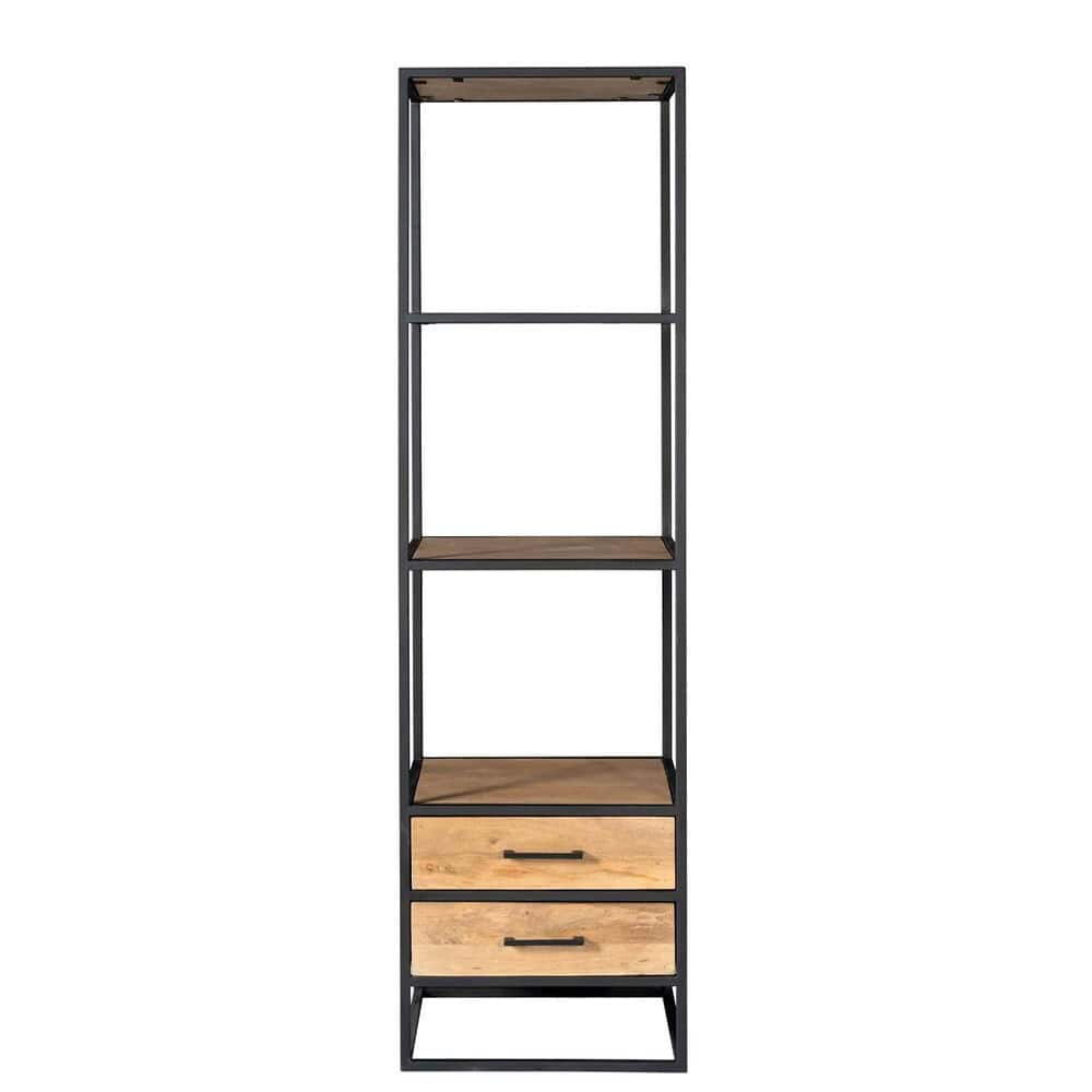 Elegante industriële boekenplank met houten planken en ladens voor Mokana Meubelen, perfect voor moderne woon- en kantoorinterieurs.