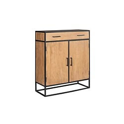 Een modern houten schoenenkast met zwart metalen frame, geschikt voor een stijlvolle entree of garderobe, gecombineerd met natuurlijke materialen en industrieel design.