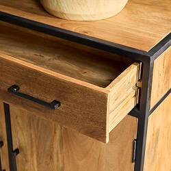 Robuuste houten ladekast met zwarte metalen frame, vakmanschap en natuurlijke uitstraling, perfect voor stijlvolle interieurdecoratie en functioneel opbergruimte.