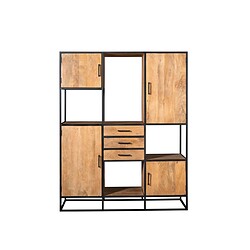 Houten en metalen wandkast met meerdere vakken en lades, modern industrieel design, ideaal voor woonkamer of kantooropslag.