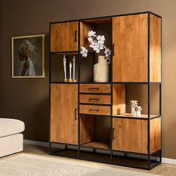 Modern houten boekenkast met strak zwart metalen frame, multifunctioneel meubel voor woonkamers met opbergruimte en decoratiestukken.