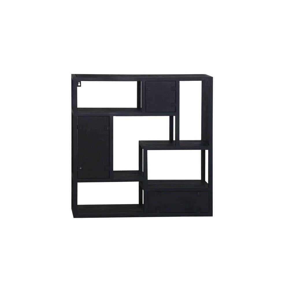 Modern zwart houten boekenplank met open vakken en schuifdeuren, perfect voor het organiseren van woon- of kantoorruimte, ontworpen door Mokana Meubelen.