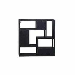 Modern zwart houten boekenplank met open vakken en schuifdeuren, perfect voor het organiseren van woon- of kantoorruimte, ontworpen door Mokana Meubelen.