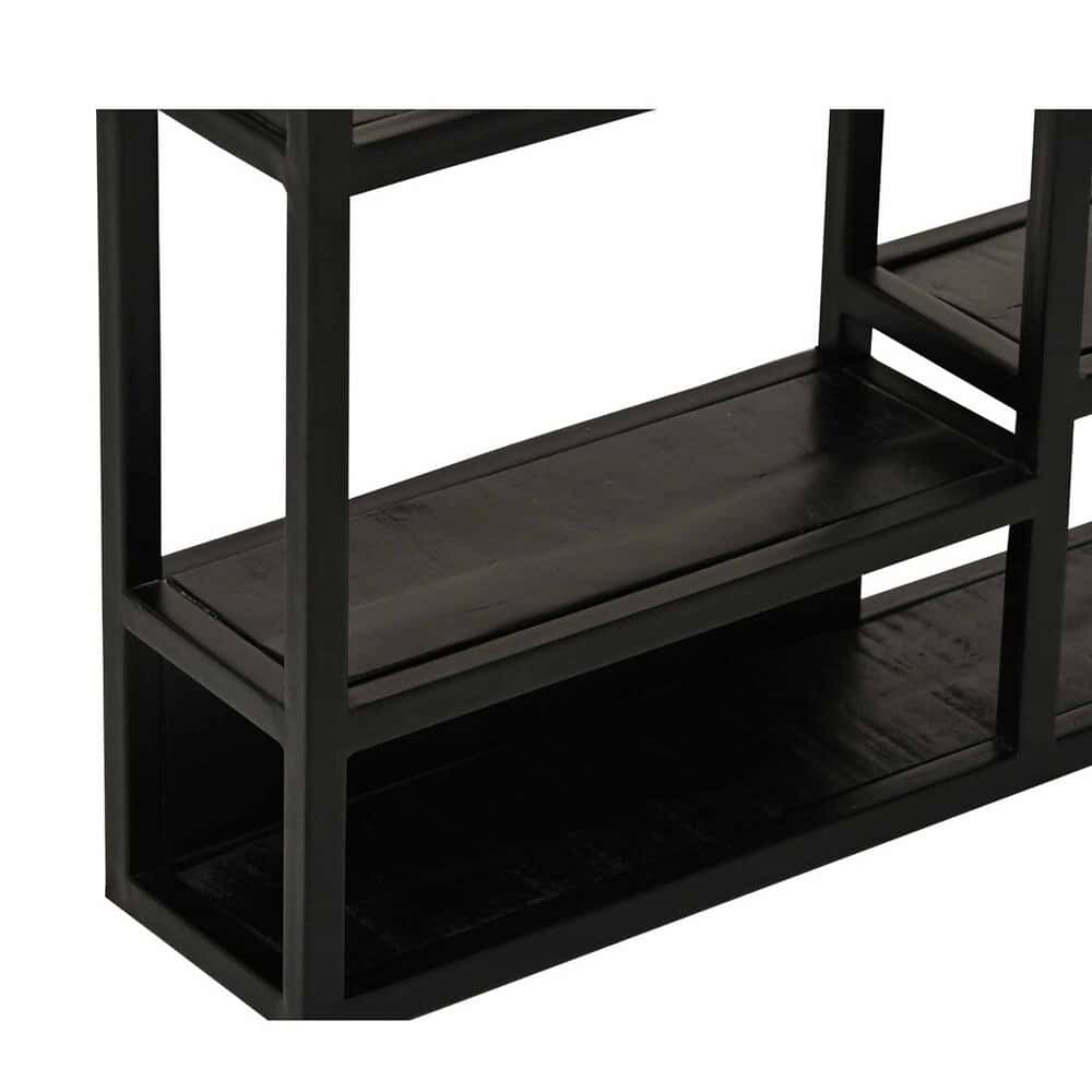 Robuuste zwarte houten meubelset voor woon- of winkelgebruik, met meerdere opberglagen en open ontwerp, perfect voor een moderne interieurstijl.