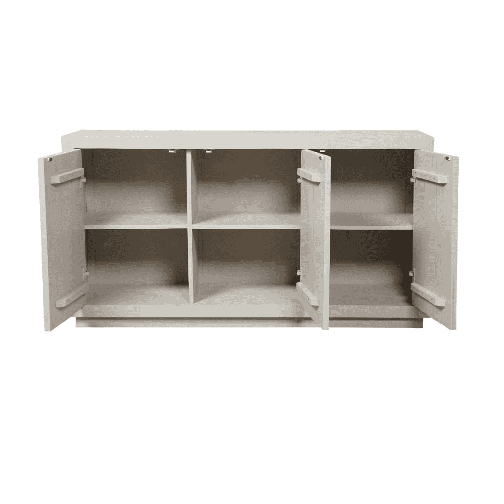 Koopmans industriële witte houten buffetkast met 3 deuren en 6 open vakken, ideaal voor opslag en decoratie in woonkamers of keukens.