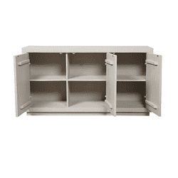 Koopmans industriële witte houten buffetkast met 3 deuren en 6 open vakken, ideaal voor opslag en decoratie in woonkamers of keukens.