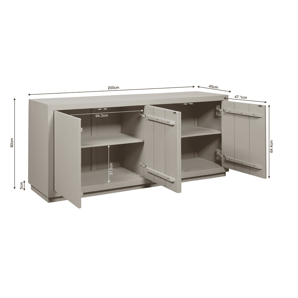 Robuuste witte houten dressoirkast met vier deuren, zeer geschikt voor keukens, woonkamer en kantoor. Complete maatvoering, massief hout, trendy design, op maat gemaakt voor optimale opbergruimte.