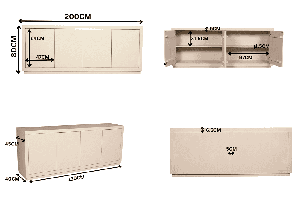 Eikenhouten buffetkast met schuifdeuren en verstelbare planken, praktisch meubel voor opslag en decoratie. Perfect voor moderne interieurs en onderhoudsvriendelijk, van Mokana Meubelen.