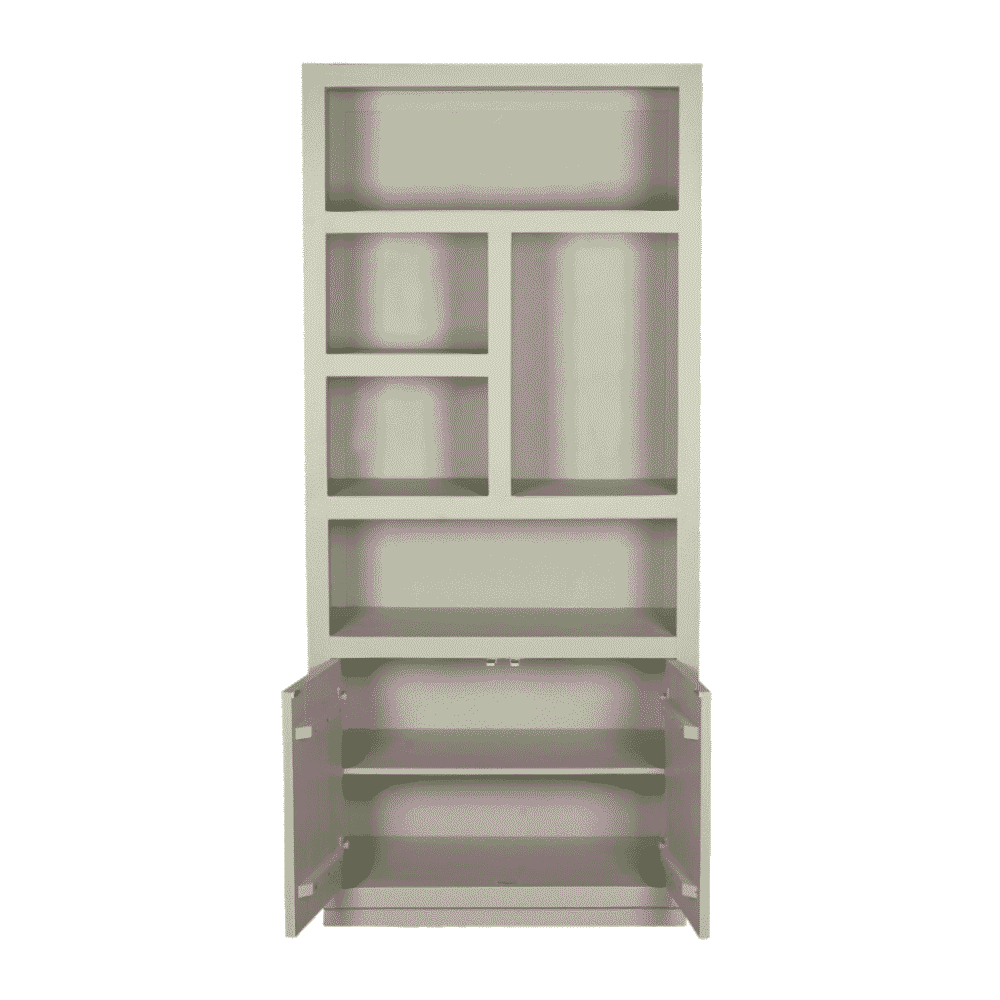 Strak wit houten muurkast met open en gesloten opbergvakken, ideaal voor modern interieur en woonruimte organisatie.