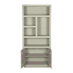 Strak wit houten muurkast met open en gesloten opbergvakken, ideaal voor modern interieur en woonruimte organisatie.