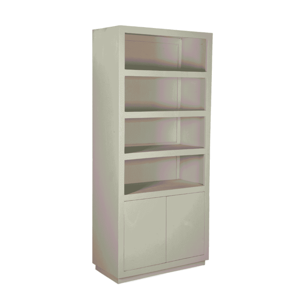 Ruimtebesparende witte houten boekenkast met 4 open vakken en toegankelijke onderkast voor woon- en kantoorinterieur.