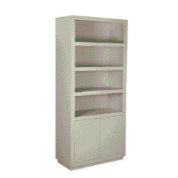 Ruimtebesparende witte houten boekenkast met 4 open vakken en toegankelijke onderkast voor woon- en kantoorinterieur.