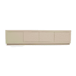 Gestoekte houten tv-meubel in neutrale beige kleur, modern design, ruime opbergmogelijkheden, op maat gemaakt door Mokana Meubelen.