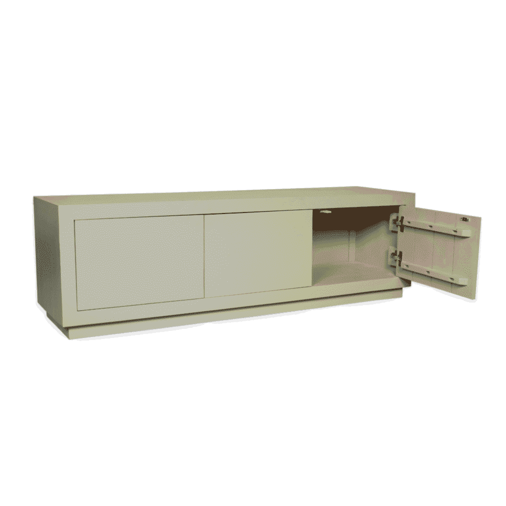 Strak wit tv-meubel met afgesloten opbergruimte en deur, modern design, geschikt voor woonkamer of kantoor, van high-quality materialen.