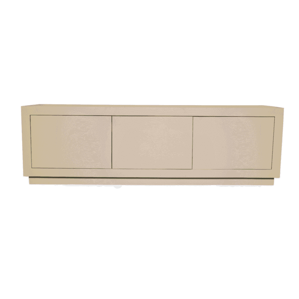 Lage dressoir in lichte kleur met strakke moderne uitstraling, perfect voor een eigentijdse woonkamer of kantoor. Essentieel meubelstuk voor opbergruimte en stijlvolle inrichting.