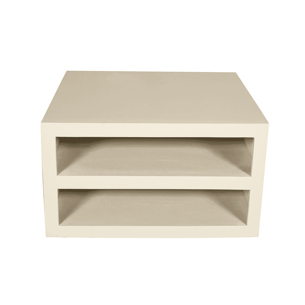 Elegante white houten salontafel met open vakken, modern design, ideaal voor wonen en interieurdecoratie.