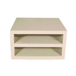 Strak wit houten nachtkastje met twee open vakken, modern design meubel voor slaapkamer of woonkamer.