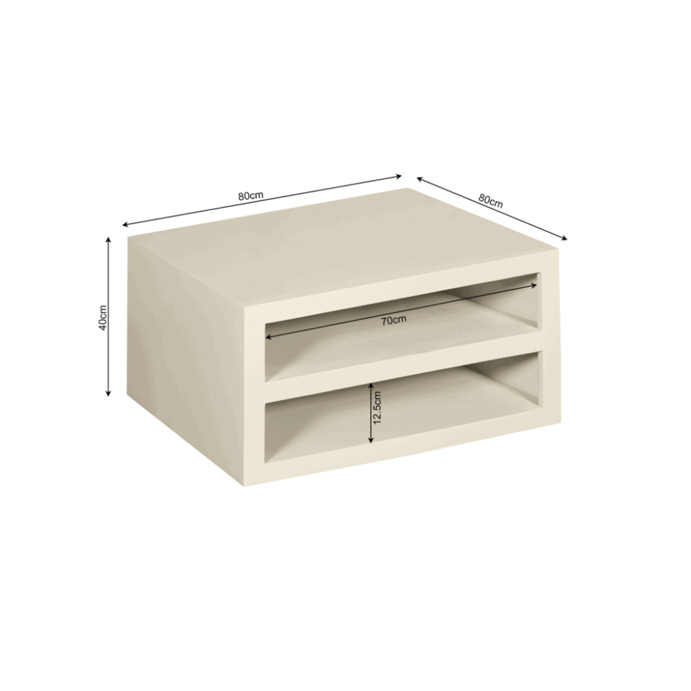 Licht houten bijzettafel met open vakken, ideaal voor woonaccessoires en bloemen, afmeting 80x40 cm, modern design, onderhoudsvriendelijk, multifunctioneel meubelstuk voor woonkamer of slaapkamer.