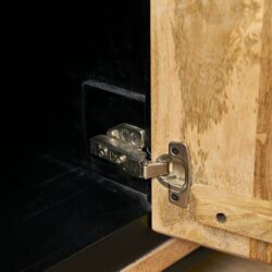 Lade- en scharniersysteem voor houten meubel, hoogwaardige metalen afwerking, geschikt voor keukenkasten en meubels.