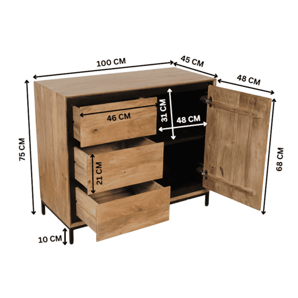 Robuuste houten commode met meerdere laden en deur, perfect voor stijlvolle opbergruimte in woonkamer of slaapkamer. Afmetingen: 100x45x75 cm, massief hout, modern design door Mokana Meubelen.