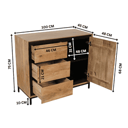 Robuuste houten commode met meerdere laden en deur, perfect voor stijlvolle opbergruimte in woonkamer of slaapkamer. Afmetingen: 100x45x75 cm, massief hout, modern design door Mokana Meubelen.