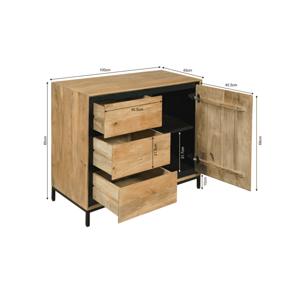 Robuuste houten dressoir met 3 laden en deur, industrieel design, multifunctioneel meubel voor woonkamer of slaapkamer, stevig en stijlvol.