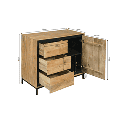 Robuuste houten sideboard met zwarte metalen frame en drie lades, ideaal voor industrieel interieur. Afmetingen 85x100x45 cm, met praktische opbergruimte en natuurlijke uitstraling.