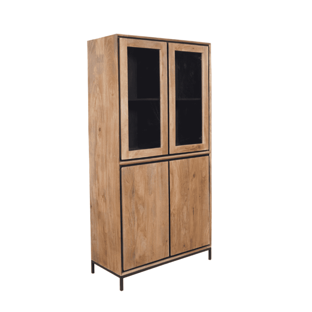 Bureaukast van massief hout met glazen deuren en zwart metalen frame, modern en functioneel voor woonkamer of kantoor.