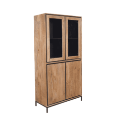 Bureaukast van massief hout met glazen deuren en zwart metalen frame, modern en functioneel voor woonkamer of kantoor.