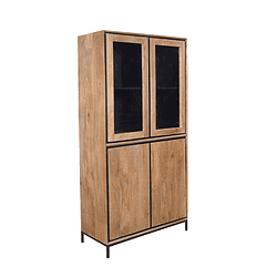 Gestoken houten displaykast met glazen deuren en metalen frame, perfect voor moderne woonkamer- of kantoorinterieur. Combineser stijl en functionaliteit in een duurzame meubelstuk.