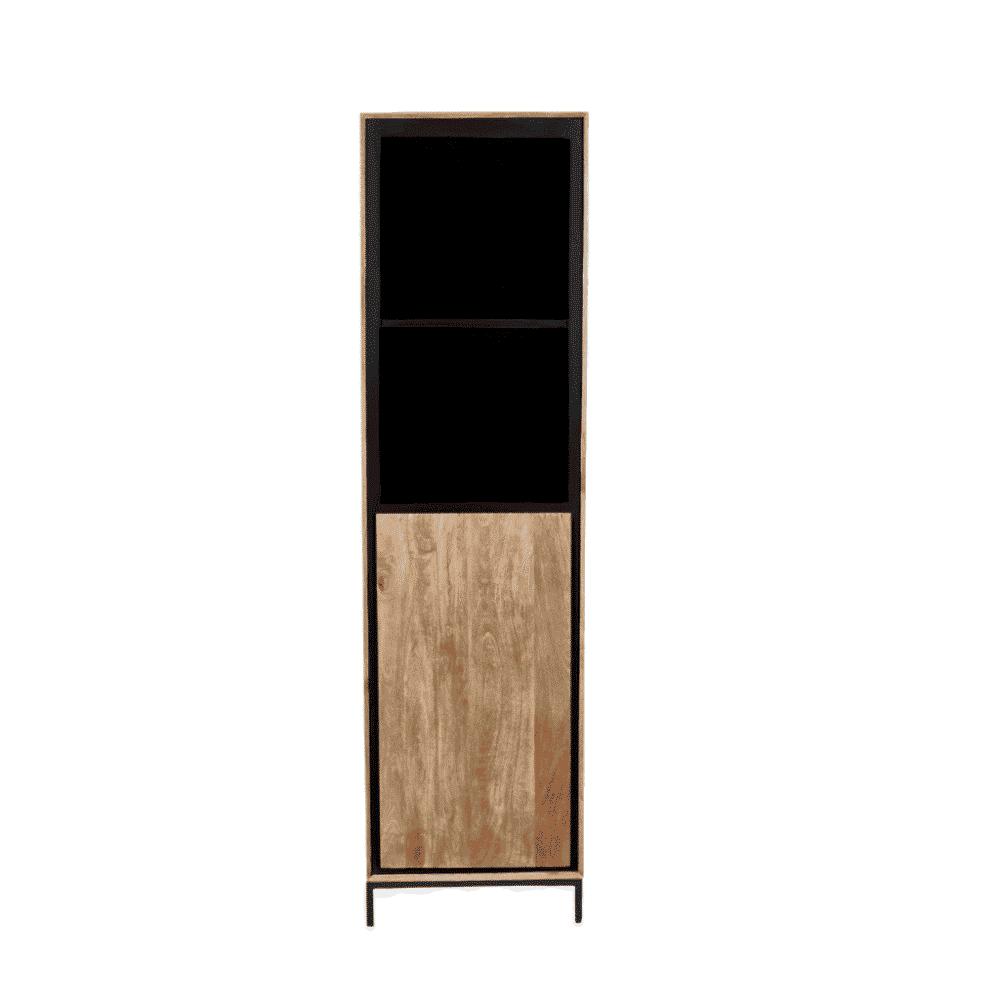 Moderne houten kast met zwart metalen frame en twee ruime opbergvakken, perfect voor Scandinavisch interieur.