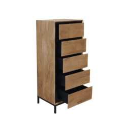 Houten dressoir met zwart metalen frame en meerdere lades, vintage stijl, perfect voor opbergen en decoratie in woonkamer of slaapkamer.