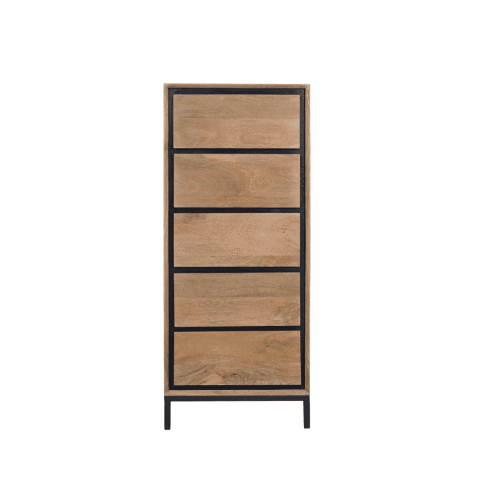 Kast met vijf lades in natuurlijk hout en zwarte metalen frame, modern en functioneel design.