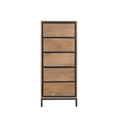 Kast met vijf lades in natuurlijk hout en zwarte metalen frame, modern en functioneel design.
