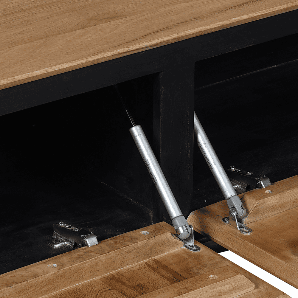 Deuronderdelen van houten meubels met gasfeder en scharnier, houten afwerking en modern ontwerp, gemaakt door Mokana Meubelen voor op maat gemaakte opbergoplossingen.